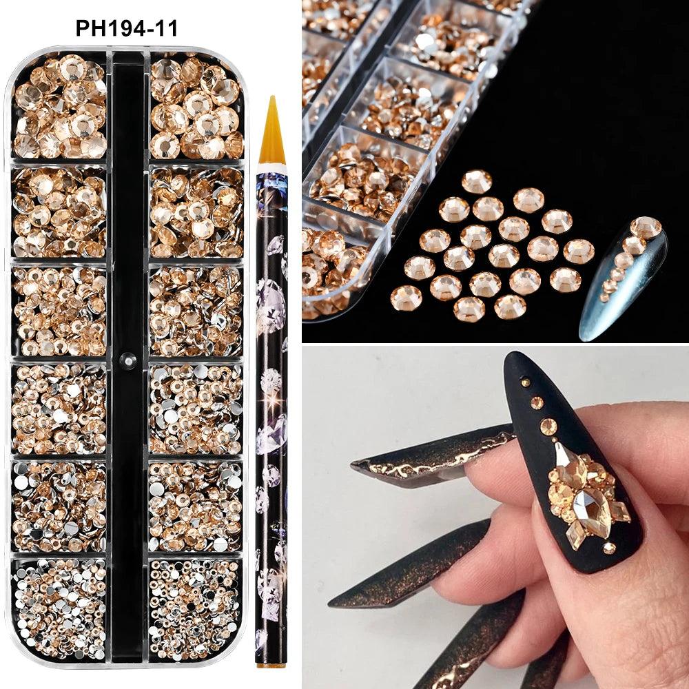 12Grids SS6-SS30 Mixed Nail Rhinestones Clear/Gold/AB Diamond Nail Gems  Flat-back Glass Stones Nail Charms with Wax Pen Picker