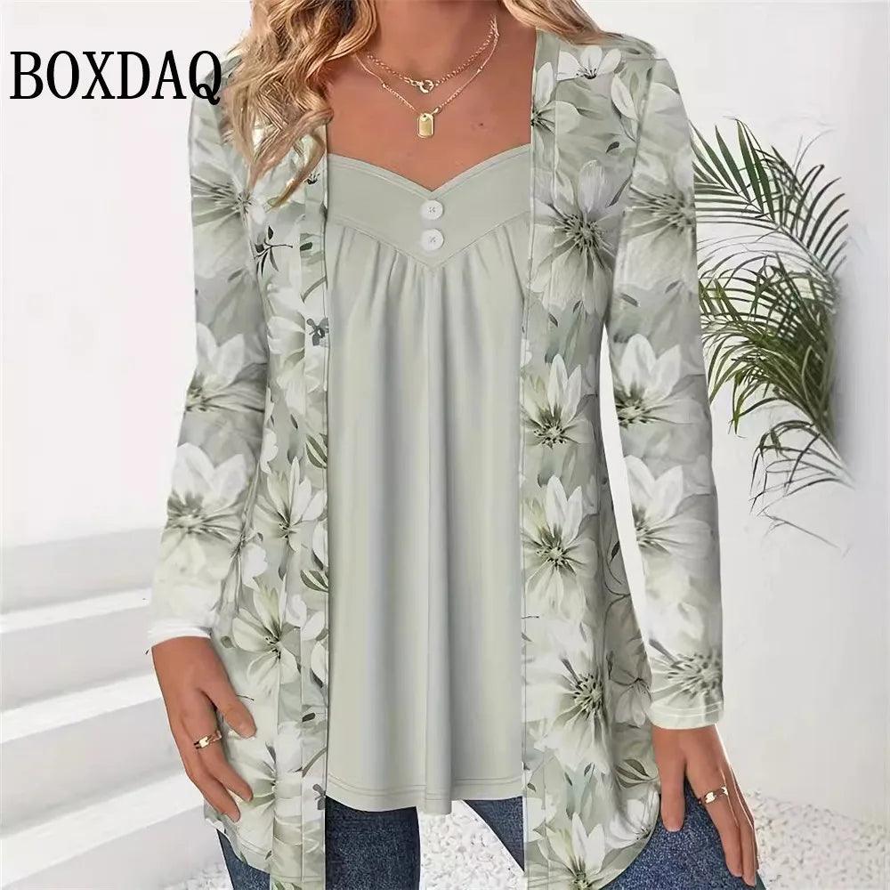 2024 Autumn Winter Long Sleeve Blouses Women Fashion Plus Size Elegant Patchwork Printed Fake Two Piece Shirts Casual Loose Tops