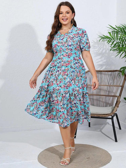 GIBSIE Plus Size Puff Sleeve Floral Print Chiffon Long Dress Women 2024 Summer Vacation Boho Beach Ruffle Hem A-Line Dresses