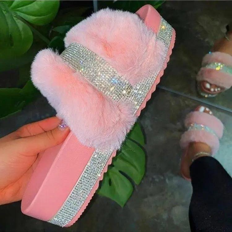 2024Summer Women Casual Slippers Luxury Rhinestone Suede Platform Flats Indoor Outdoor Comfortable FemaleSlippers Chanclas Mujer