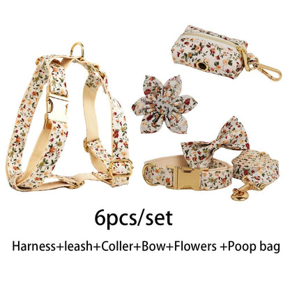 Personalized Dog Collar Harness Leash Set Custom Dog Collars Luxury  Flower Soft Cotton Dog Collar Leashes Harness Bow flower04