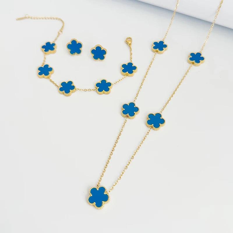 Double Sided Clover Stainless Steel Jewelry for Women Earring Necklace Bracelet Plant Five Leaf Flower Mother's Day Souvenirs