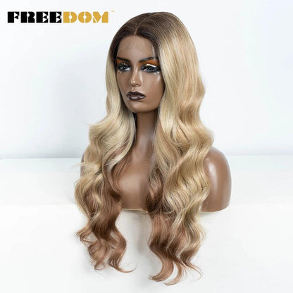 FREEDOM 13X4 Synthetic Lace Frontal Wigs For Women Body Wave Ombre Blonde Brown Ginger Lace Wigs Heat Resistant Cosplay Wigs - HighGloss Shop