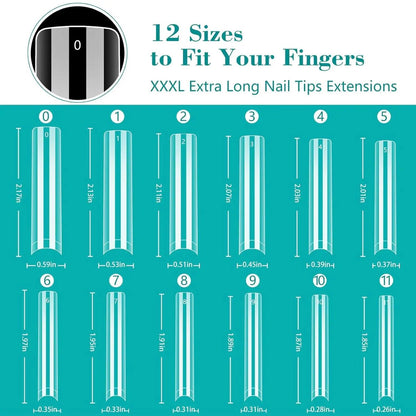 240PC Professional 3XL Extra Long Clear Square Nail Tips 12 Sizes Half Cover Acrylic Nails NO C CURVE Long Square Fake Nail Tips