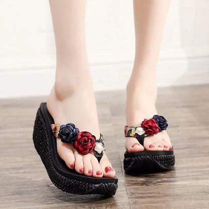 Summer Beach Sandals Women Flower Flip-flops Bohemian Beach Beaded Women Wedge Sandals Non-slip Outdoor Slippers 7cm Heels