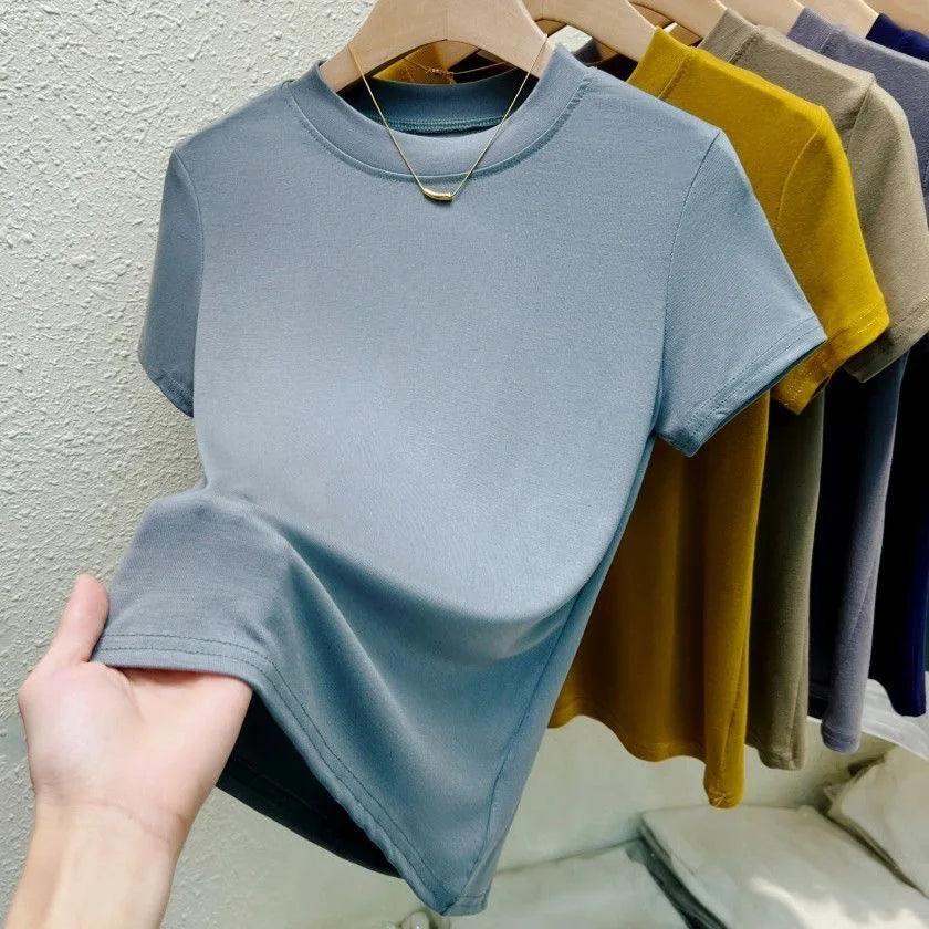 Crew Neck Fashion Women T Shirt Street Casual T-Shirt Solid Plus Size Top Tees Sexy Slim Summer Short Sleeve Women's Clothing