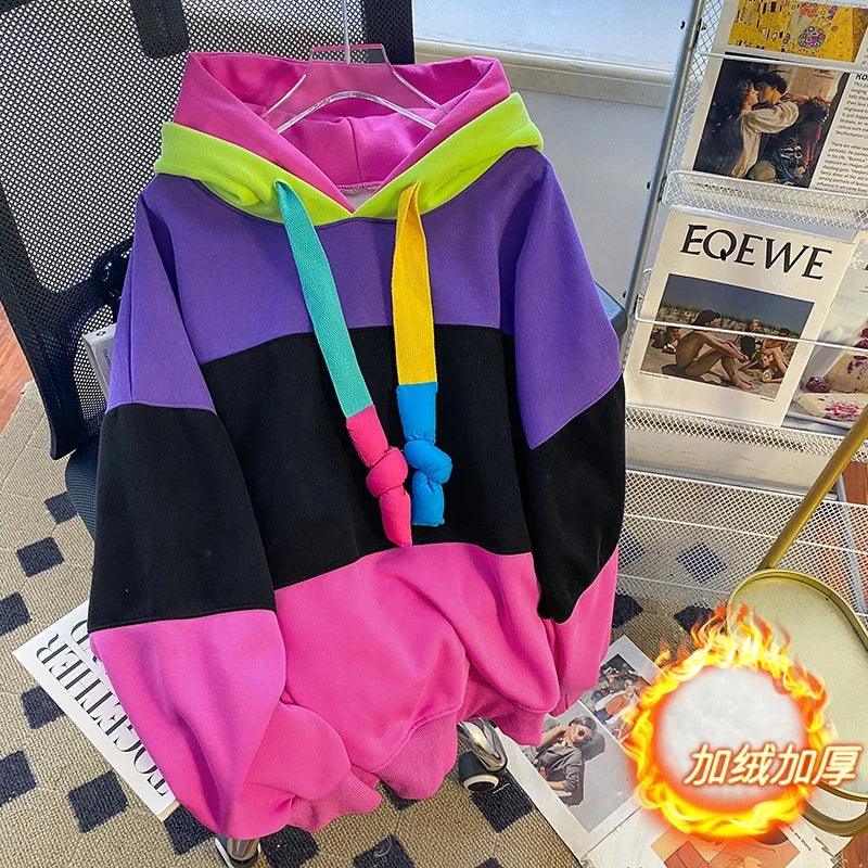 Stitching Contrasting Color Fashion Plus Fleece Hoodies Loose Casual Hooded Sweatshirt Women's Oversize Plus-size Hoodie