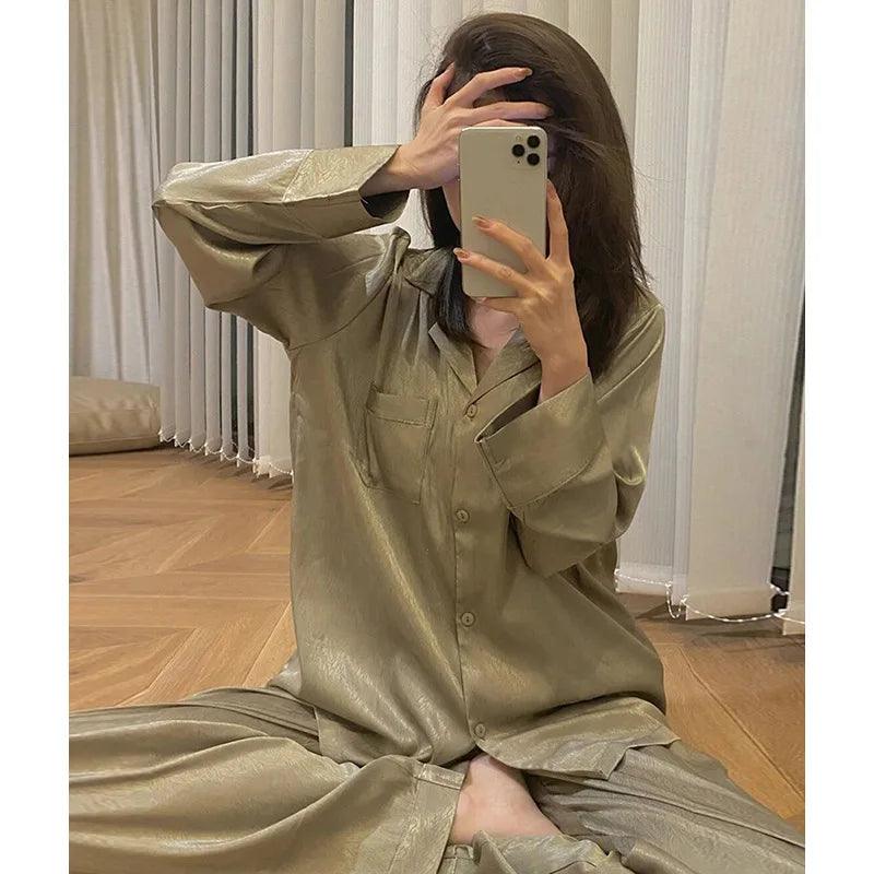 High Quality Light Luxury Ice Silk Pajamas Women's Pajama Spring and Autumn Style Long Sleeve Home Set Nightwear Sleepwear