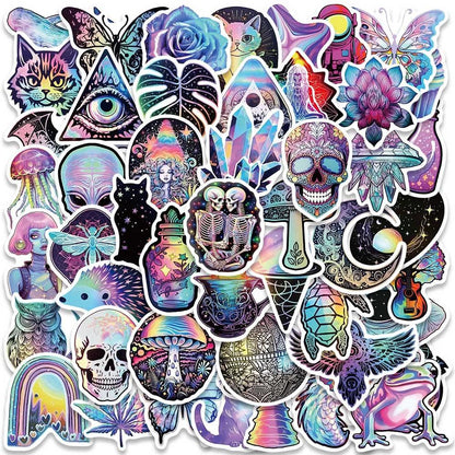 50pcs Cool Cartoon Laser Holographic Trippy Skull Stickers For Laptop Phone Guitar Luggage Diary Waterproof Graffiti Decals