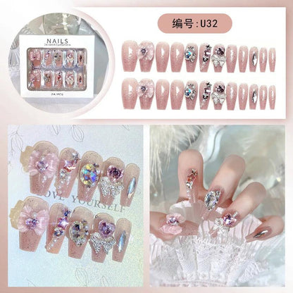 24Pcs Pink Full Diamond Press on Nail Tips Handmade 3D Design Rhinestones Full Cover False Long Coffin Nail Woman DIY Fake Nails