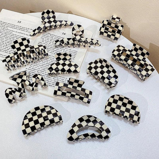 Vintage Women Girls Acrylic Checkered Hair Claw Shark Clip Geometric Grid Headband Hair Clips Hairpins Fashion Hair Accessories