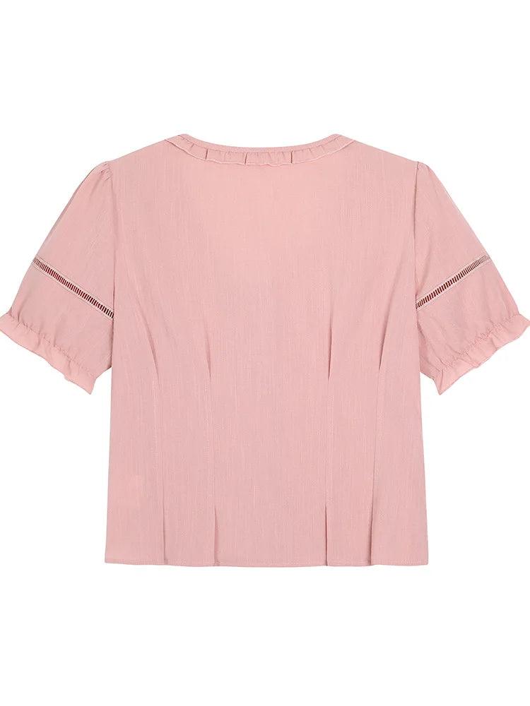 GIBSIE Plus Size French romantic pink v-neck pleat top Women's summer short puff sleeve tie front sweet ladies blouses