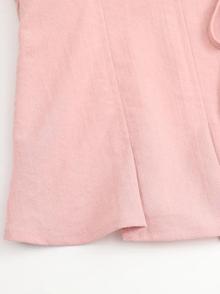 GIBSIE Plus Size French romantic pink v-neck pleat top Women's summer short puff sleeve tie front sweet ladies blouses