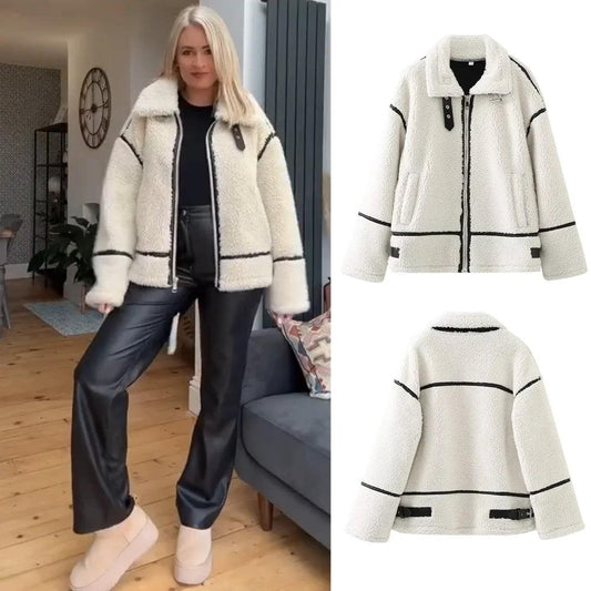 PB&ZA 2023 Autumn New Women's Wear European and American Style Casual Fur One Piece Lamb Wool Contrast Color Plush Warm Jacket C