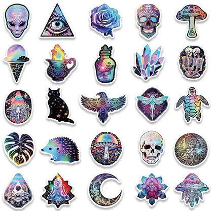 50pcs Cool Cartoon Laser Holographic Trippy Skull Stickers For Laptop Phone Guitar Luggage Diary Waterproof Graffiti Decals