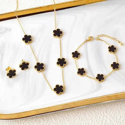 3Pcs 18k Gold-Plated Five-Leaf Flower Necklace Earrings Bracelet Jewelry Set For Woman Fashion Party Jewelry Daily Wear Clover