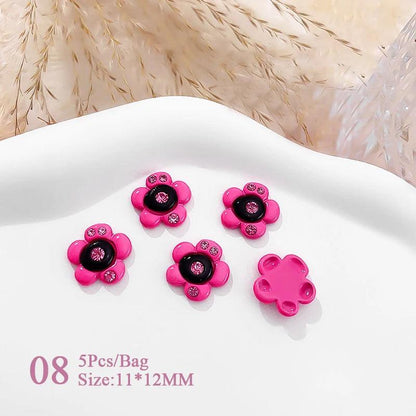 5pcs Pink Black Heart Star Flower 3D Nail Charms Y2K Style Inlaid Rhinestone Nail Jewelry Parts Nail Art Decoration