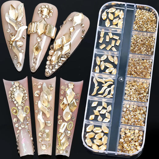 2025#Boxed Champagne Gold Nail Rhinestone 12 Grids Multi-Shaped Flat Back Gemstones 3D Flat-Back Gold Rhinestone Decoration &* - HighGloss Shop