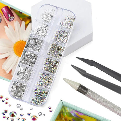 12 Grids Multi Sizes Nail Rhinestones Set Crystal AB Clear Gems with Crystal Pen Clips for DIY Nail Art Decorations