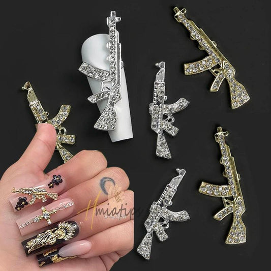 10Pcs Zircon Luxury Gun Nail Charms With Silver/Gold Glitter Nail Art Alloy 3D Nail Decorations DIY Design Gem Jewelry