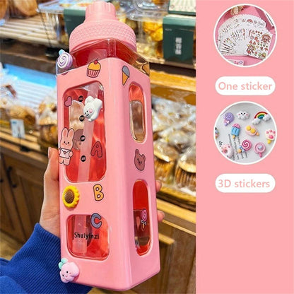 Kawaii Water Bottle With Straw 3D Cute Bear Sticker Bpa Free Plastic Square Sippy Cup Poratable Drinkware 700ml