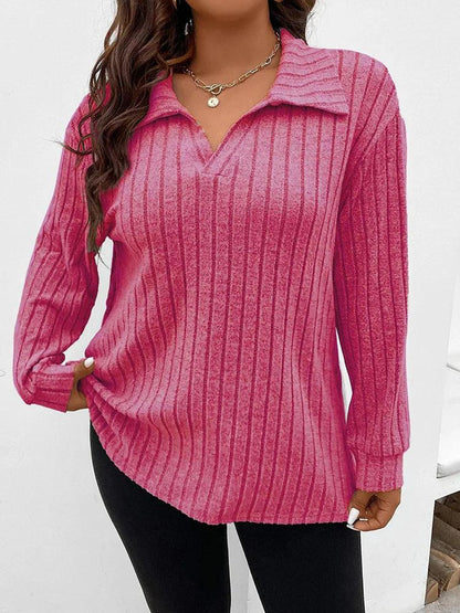 GIBSIE Plus Size Tshirt for Women Spring Fall Polo Collar Long Sleeve T-Shirt Female Casual Ribbed Knit Solid Tee Tops 2023