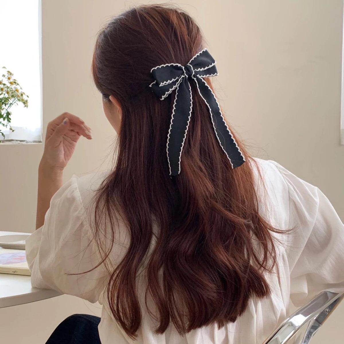 Lystrfac New Fabric Wavy Ribbon Hair Bow Hairpin for Women Girls Hair clips Black White Bow Top Clip Female Hair Accessories