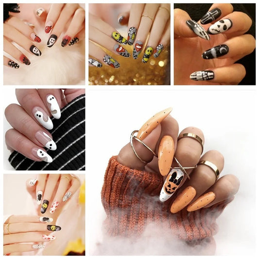 24pc/set Fashion Almond Press On Nails Art Halloween Black Ghost Design Fake Nail Pumpkin Castle Pattern Glossy False Nails Tips