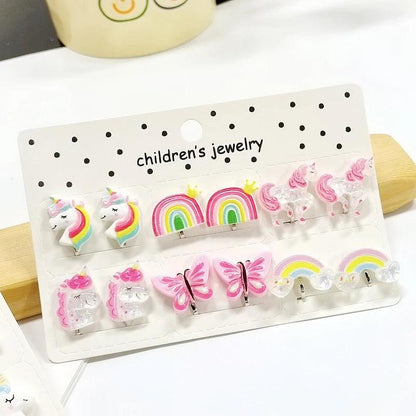 Rainbow Unicorn Butterfly Non Piercing Clip on Earring for Kids Girls Children Christmas Gift 6PRS/SET