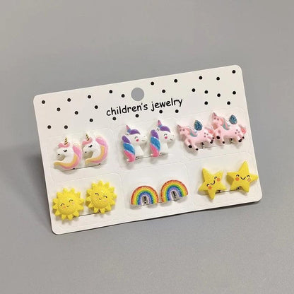 Rainbow Unicorn Butterfly Non Piercing Clip on Earring for Kids Girls Children Christmas Gift 6PRS/SET