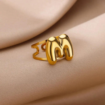 Gold Color A-Z Letter Alphabet Rings for Women Gothic Double Layer Thick Initial Letter Femme Ring Stainless Steel Jewelry Gift