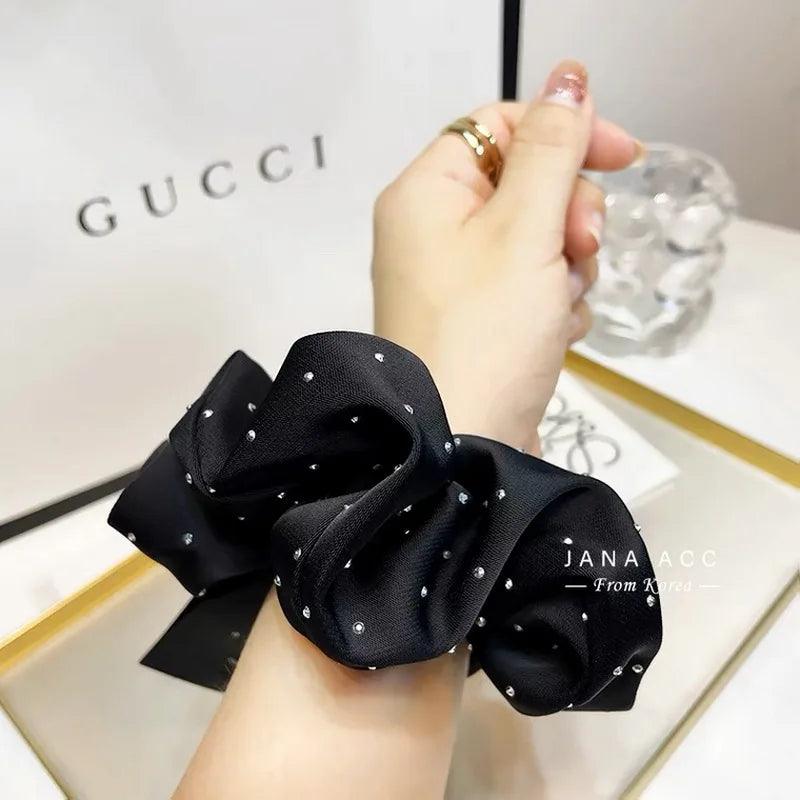 2023 Women Fashion Silk Scrunchie With Rhinestones Elastic Satin Hair Band Girls Big Hair Tie Balck Crunchy For Hair Accessories