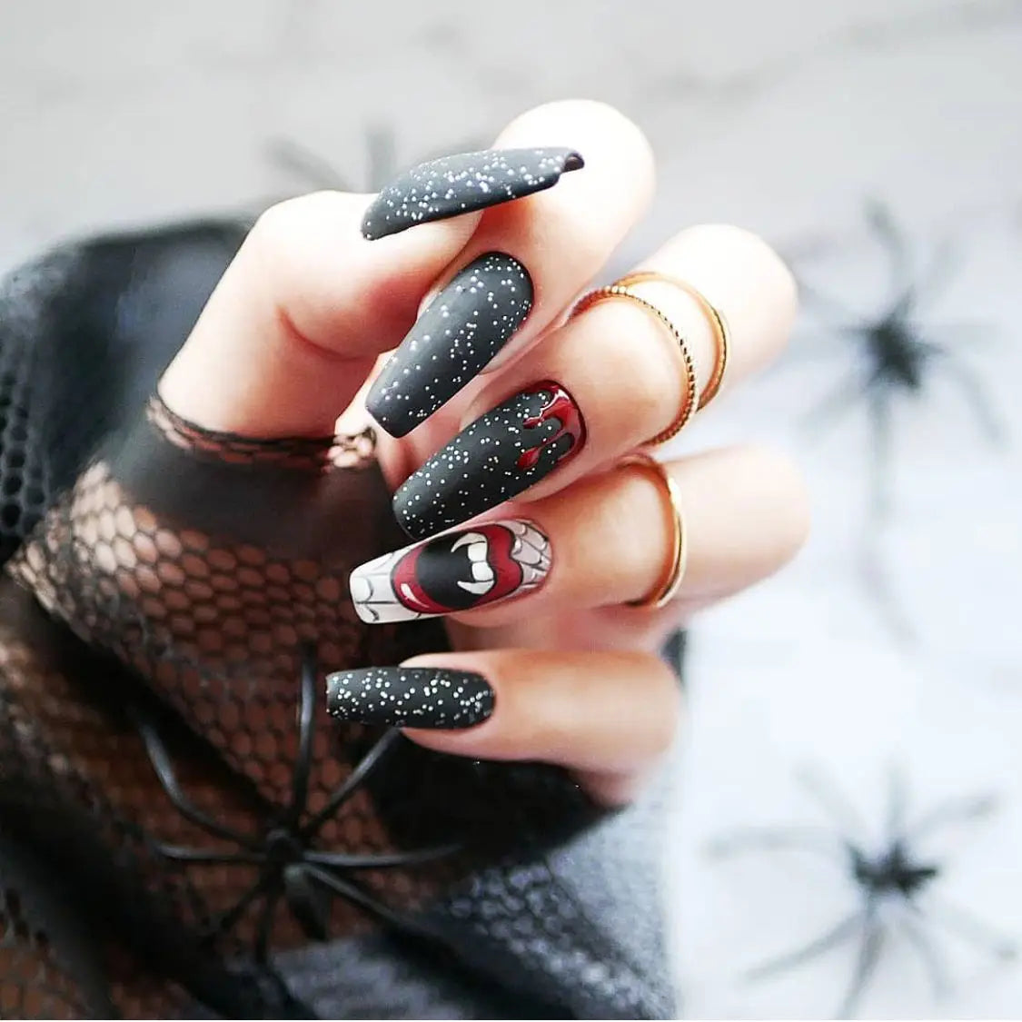 24pc/set Fashion Almond Press On Nails Art Halloween Black Ghost Design Fake Nail Pumpkin Castle Pattern Glossy False Nails Tips