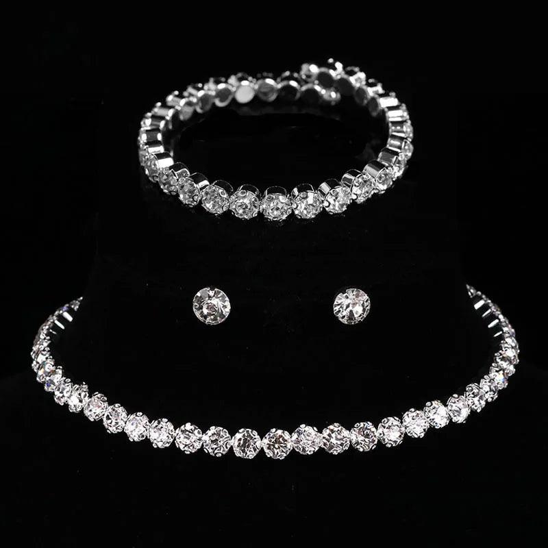 Luxury Crystal Bride Jewelry Set Rhinestone Wedding Dress Banquet Zircon Chain Necklace Dangle Earring Sets Ladies Accessories