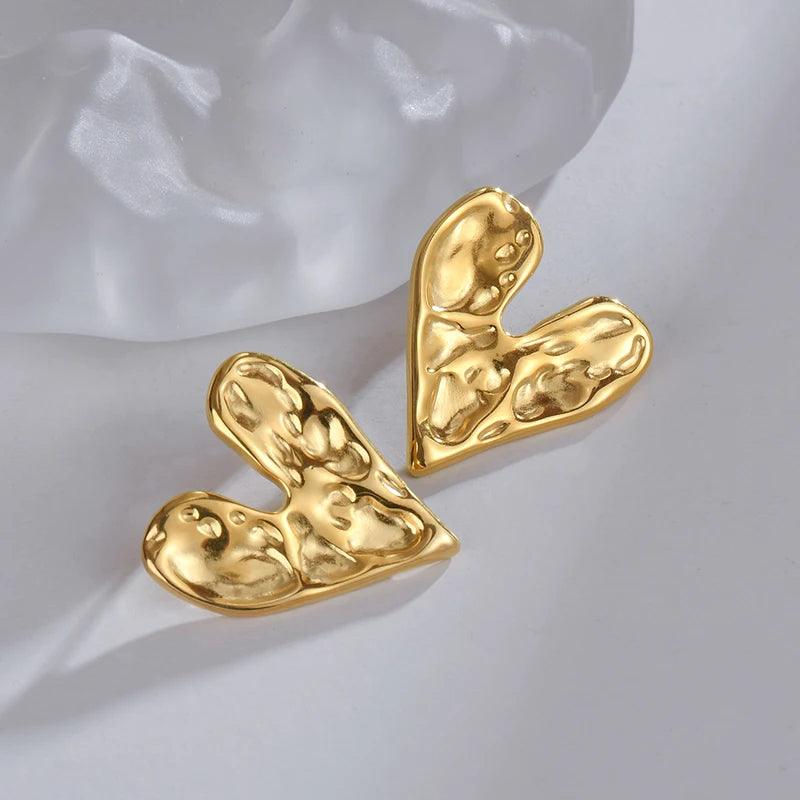 Vintage 18K Gold Plated Stainless Steel Double Heart Shaped Drop Earrings for Women Fashion Jewelry Gift