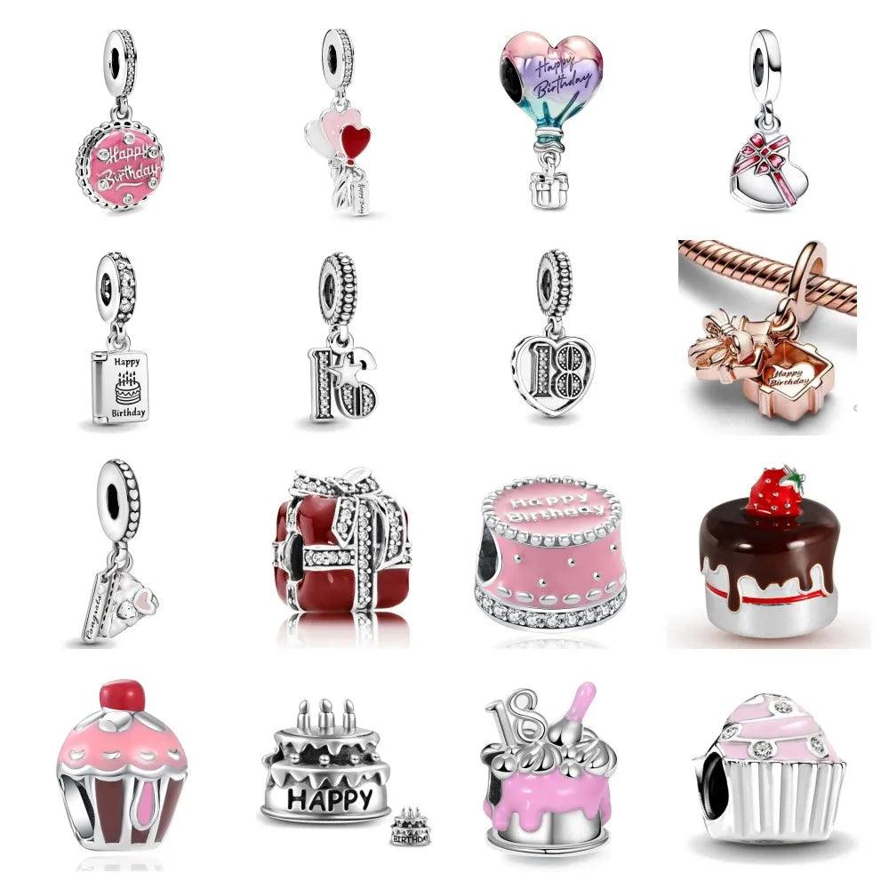 New 925 Sterling Silver Hot Air Balloon Happy Birthday Cake Beads Dangle Fit Original European Bracelet DIY Women Accessories