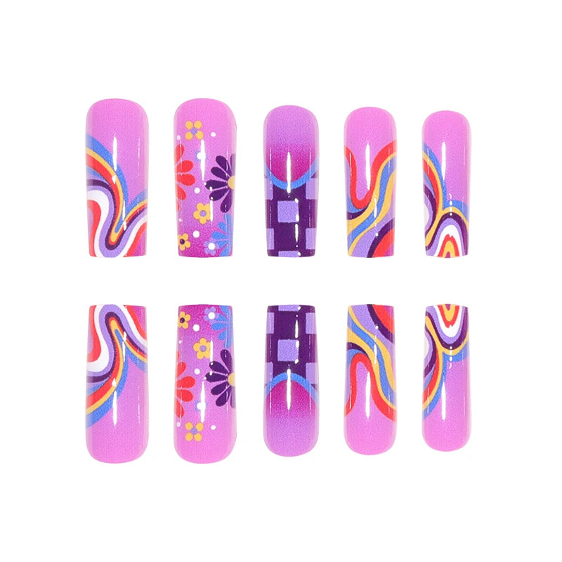 24 Long Coffins with Purple Flower Patterns ABS Full Gloss Fake Nails&1 Nail File and 1 Piece of Jelly Glue