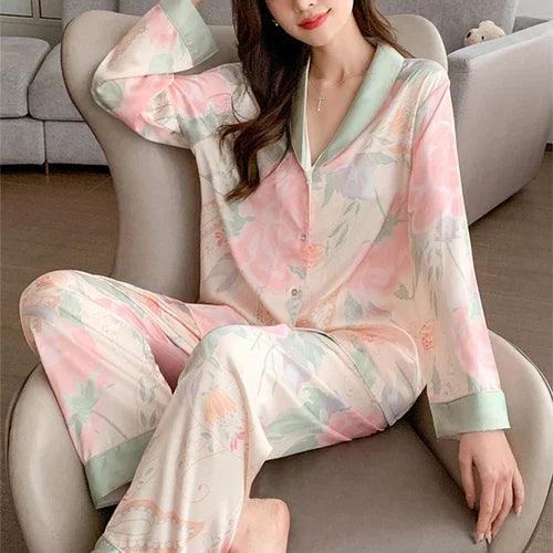 High Quality Light Luxury Ice Silk Pajamas Women's Pajama Spring and Autumn Style Long Sleeve Home Set Nightwear Sleepwear