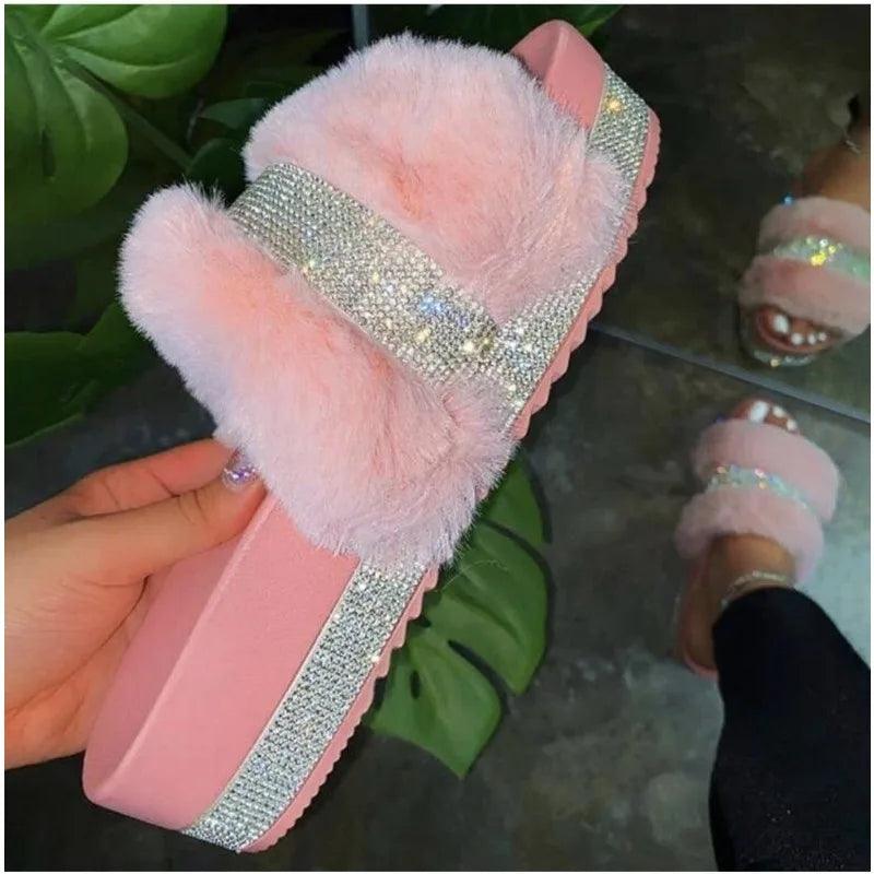 2024Summer Women Casual Slippers Luxury Rhinestone Suede Platform Flats Indoor Outdoor Comfortable FemaleSlippers Chanclas Mujer