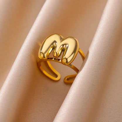 Gold Color A-Z Letter Alphabet Rings for Women Gothic Double Layer Thick Initial Letter Femme Ring Stainless Steel Jewelry Gift