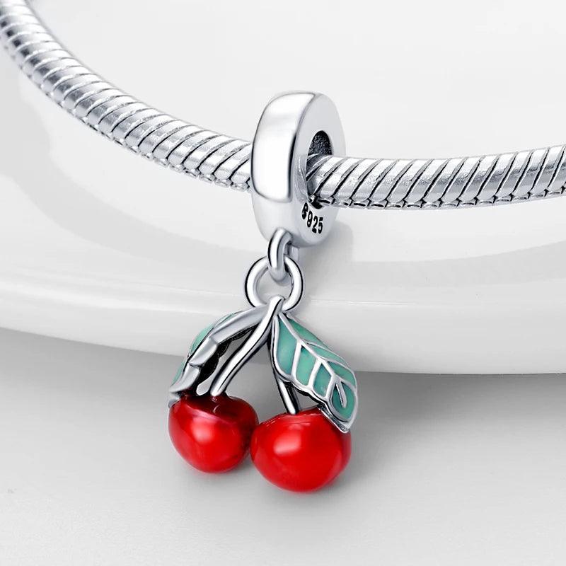 New 925 Silver Color Strawberry Cherry Fruit Series Charms Beads Fit Pandora 925 Original Bracelets DIY Birthday Jewelry Gifts