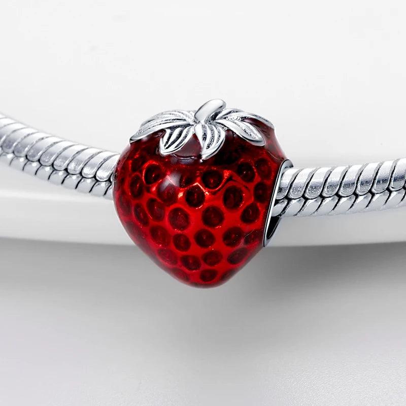 New 925 Silver Color Strawberry Cherry Fruit Series Charms Beads Fit Pandora 925 Original Bracelets DIY Birthday Jewelry Gifts