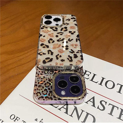 Luxury leopard print glitter Phone case for iphone 11 12 13 13pro 14 15 pro max plating camera lens protective case back cover