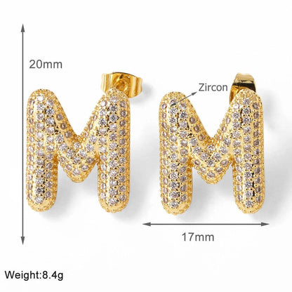 FLOLA Clear Crystal Bubble Letter Earrings for Women Copper Gold Plated Initial Ear Studs Name Jewelry Gifts ersa009