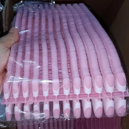 120pcs Pink French Tip Press-On Nails Medium Length Square Shape With Glossy Finish False Nails Full Cover Pre-Shaped Fake Nails