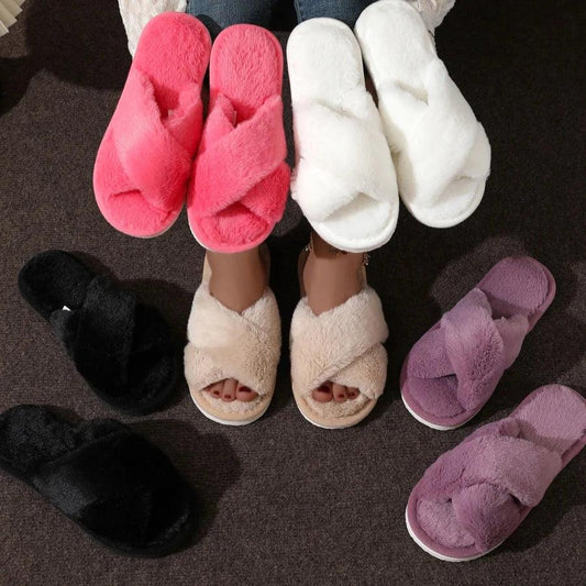 CrissCross Band Plush House Slippers for Women Open Toe Soft Sole Fuzzy Home Shoes Woman Winter Cozy Warm Indoor Floor Slippers