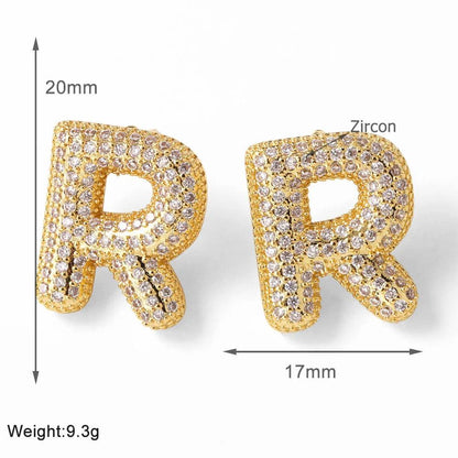 FLOLA Clear Crystal Bubble Letter Earrings for Women Copper Gold Plated Initial Ear Studs Name Jewelry Gifts ersa009