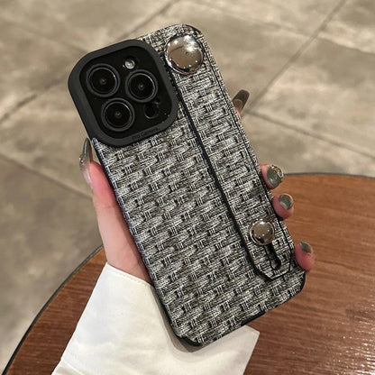 Luxury Weave Pattern Wrist Strap Holder Stand Case For iPhone 15 Pro Max 14 13 12 11 Silicone Camera Protection Shockproof Cover