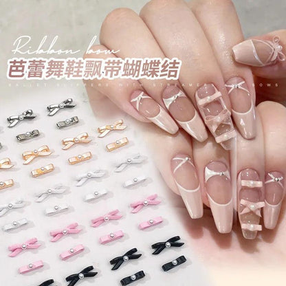 10pcs Mini Ballet Bowknot Nail Charms 3D White Pink Pearl Alloy Kawaii Bow-Tie Press on Nails DIY Ballet Bow Nail Art Decoration