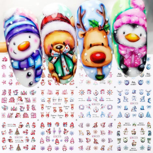 12pcs Cute Christmas Nail Decals Santa Claus Elk Penguin Snowman Cartoon Nail Stickers Water Transfer Sliders DIY Manicure Decor